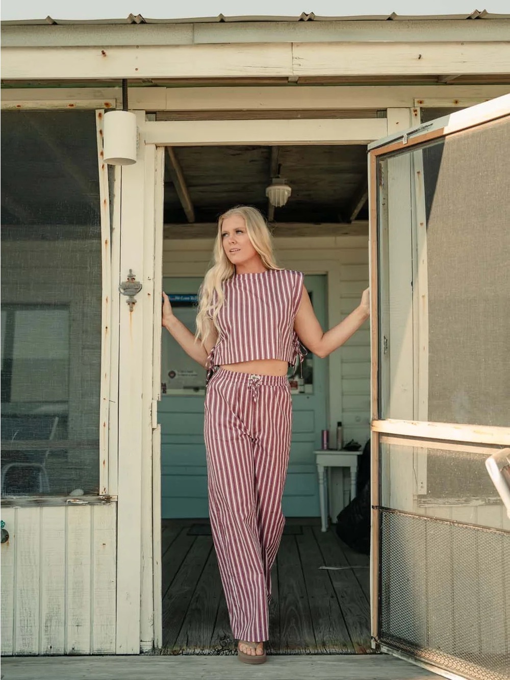 Tribe Kelley Grayton Striped Crop Top & Wide Leg Pants Set in Vintage Red Sz XS